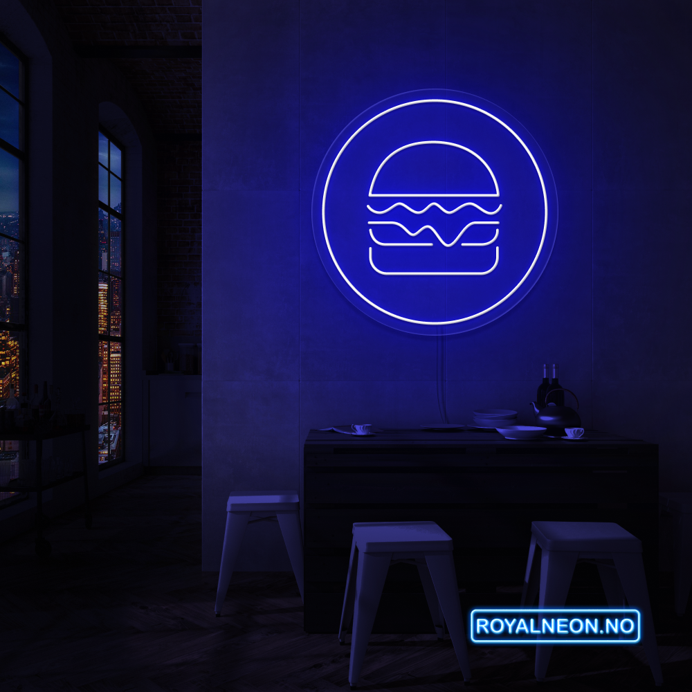 "Hamburger i sirkel"LED NEONSKILT. Velg ønsket farge.