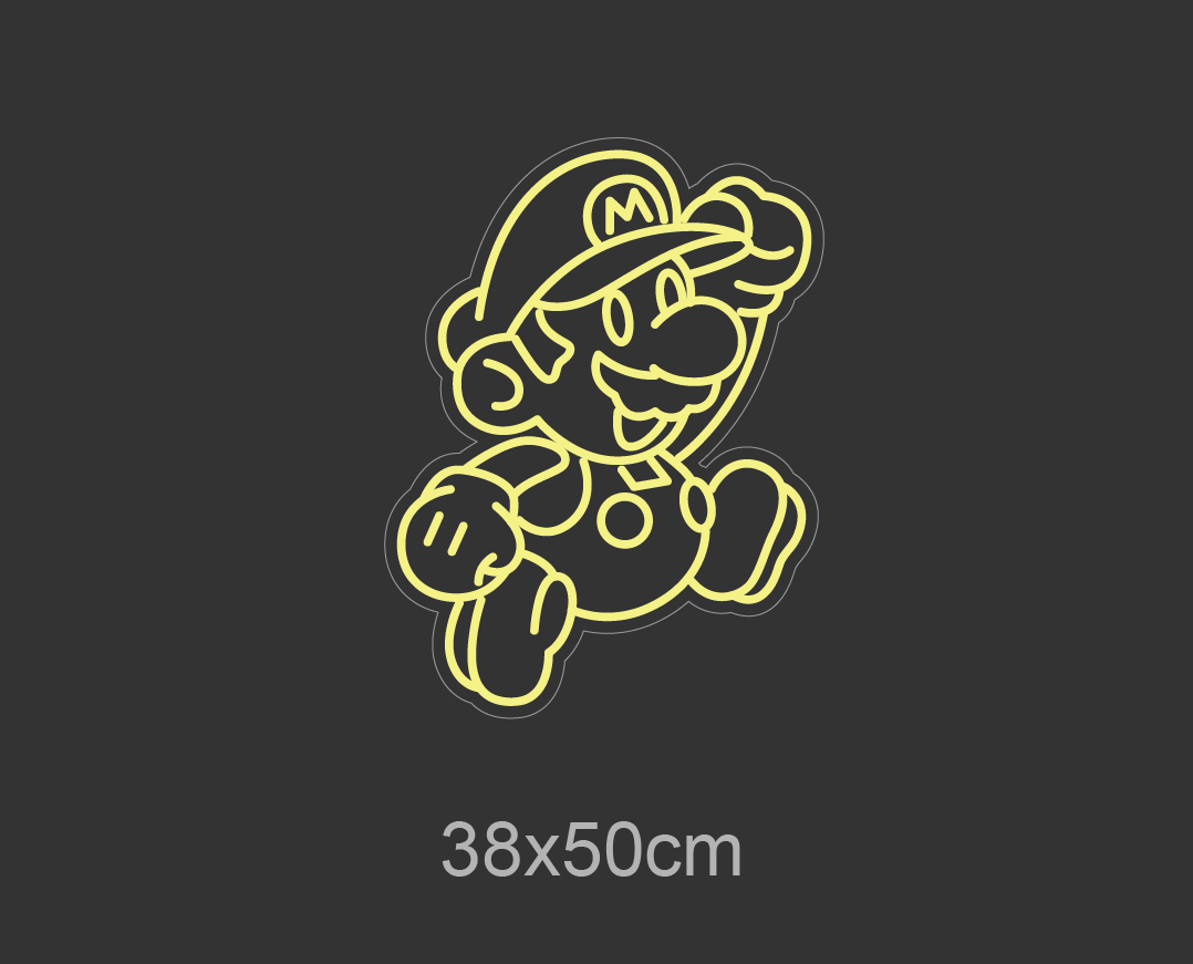 LED neonskilt med Mario-figur i gult kontonlys, 38x50 cm.