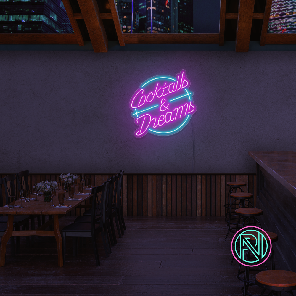 LED-neonskilt «Cocktails & Dreams» i rosa og turkis lys