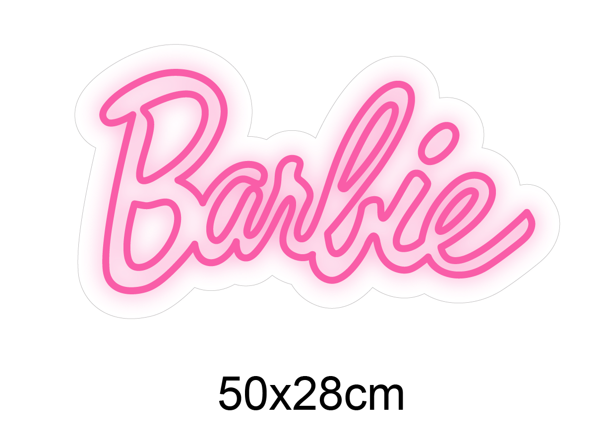 LED neonskilt med Barbie-tekst og 50x28 cm mål, rosa glød