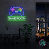 LED-neonskilt med «GAME ROOM», spillkontroll og fargerike lysdioder