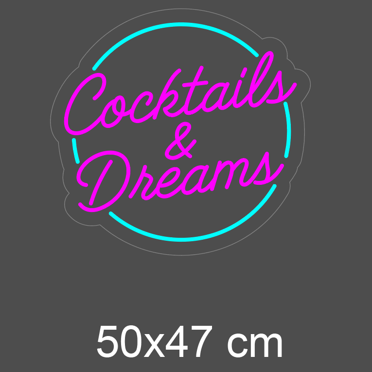 LED-neonskilt, rund form: «Cocktails & Dreams», rosa skrift, blå lysring, 50×47 cm