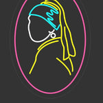 LED-neonskilt med oval kontur og kvinnefigur, rosa kant; størrelse 47x67 cm