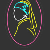 LED-neonskilt med oval kontur og kvinnefigur, rosa kant; størrelse 47x67 cm