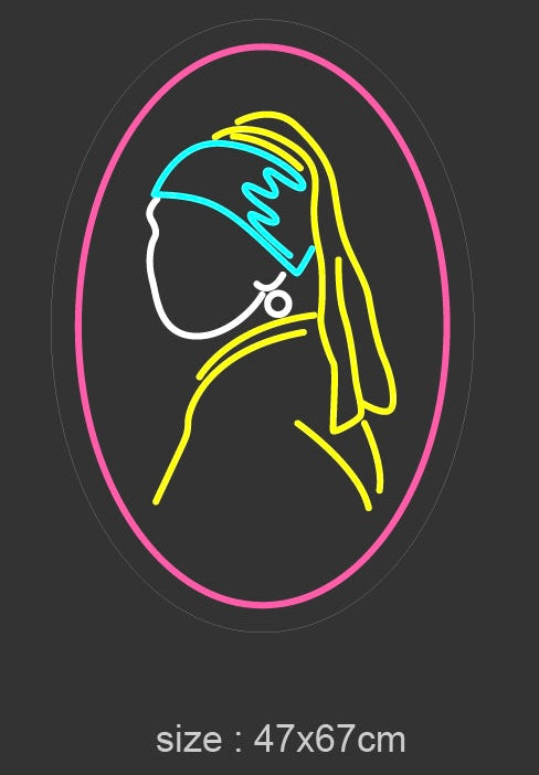 LED-neonskilt med oval kontur og kvinnefigur, rosa kant; størrelse 47x67 cm