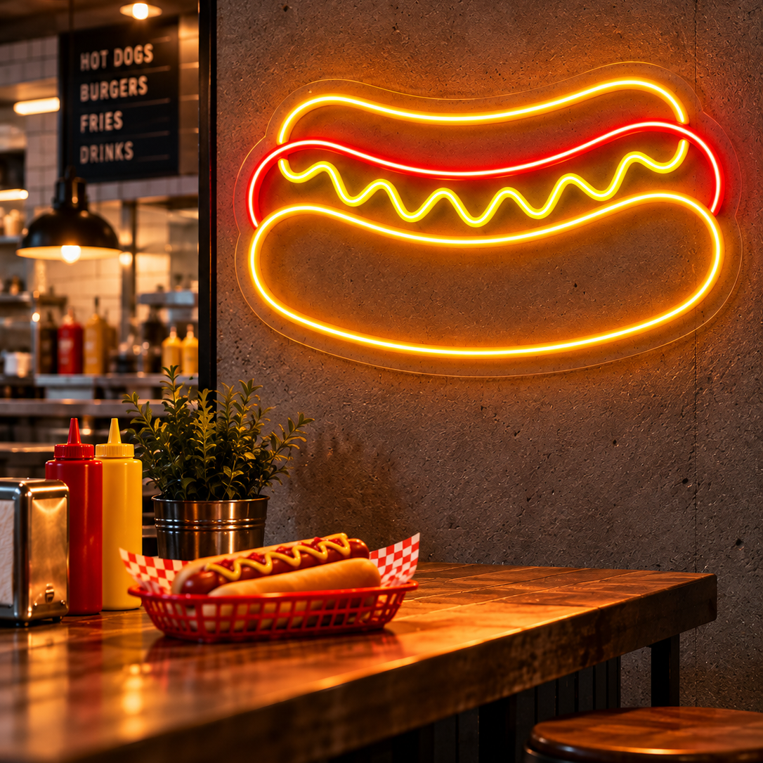 LED neonskilt pølse i brød med rød og gul neon på vegg