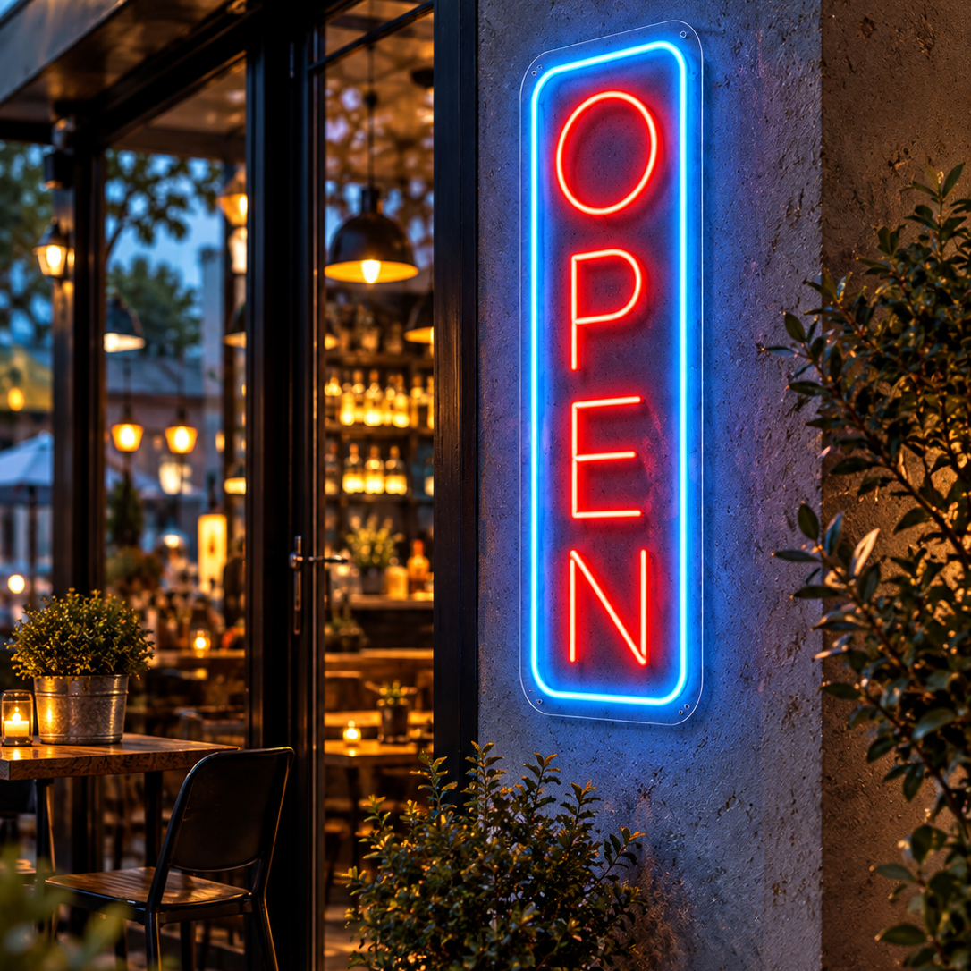 Stående LED-neonskilt med blå ramme og røde «OPEN» på vegg
