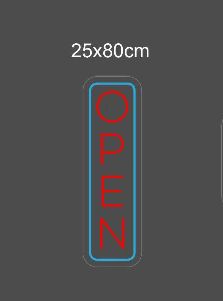 Stående LED-neonskilt 25x80 cm med blå kant og røde «OPEN»-bokstaver