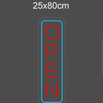 Stående LED-neonskilt 25x80 cm med blå kant og røde «OPEN»-bokstaver