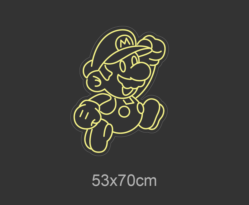 LED neonskilt med Mario-figur i gult kontonlys, 53x70 cm.