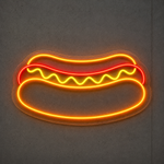 LED neonskilt formet som pølse i brød med gule og røde lys