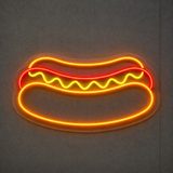LED neonskilt formet som pølse i brød med gule og røde lys
