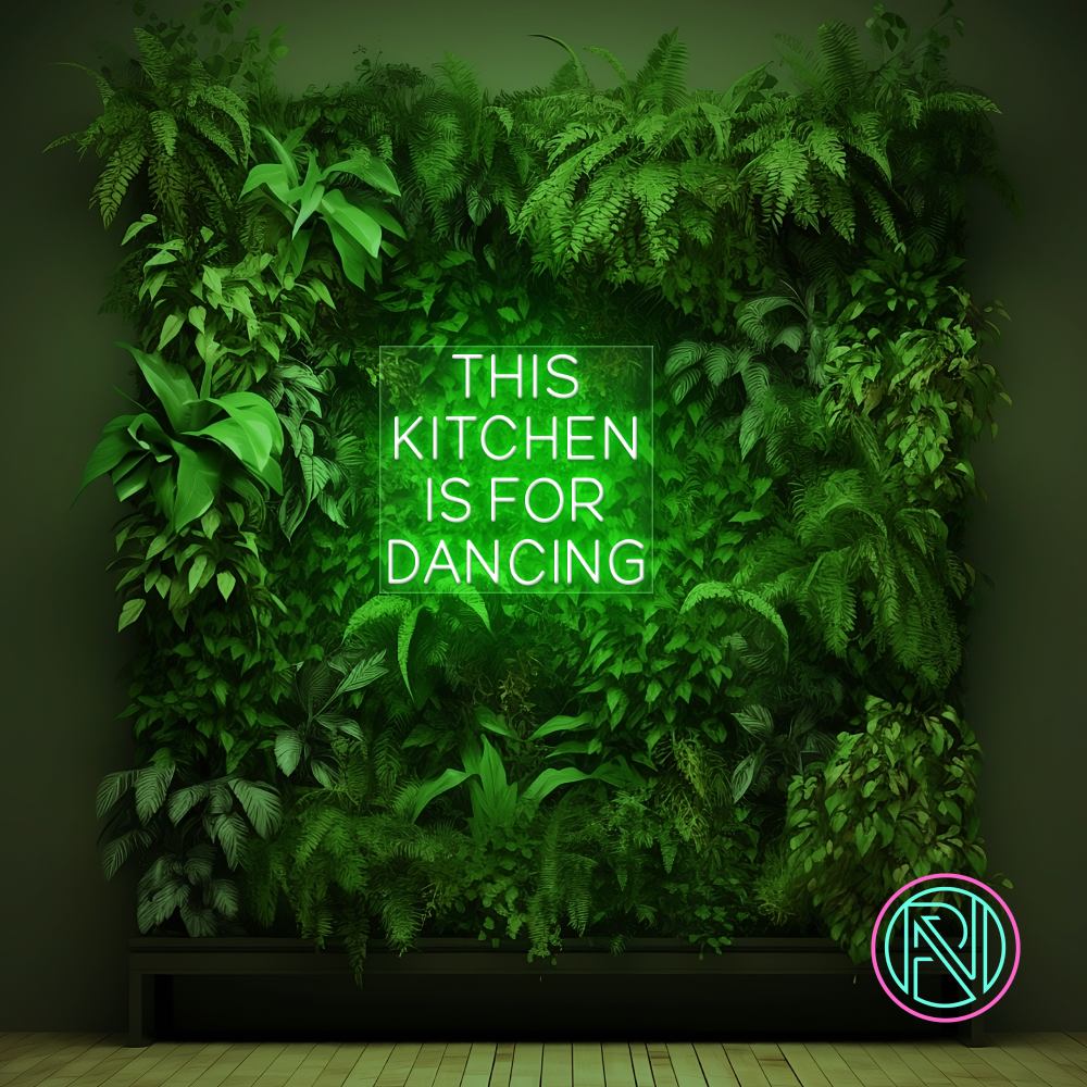 LED-neonskilt med «THIS KITCHEN IS FOR DANCING», grønn lysglød