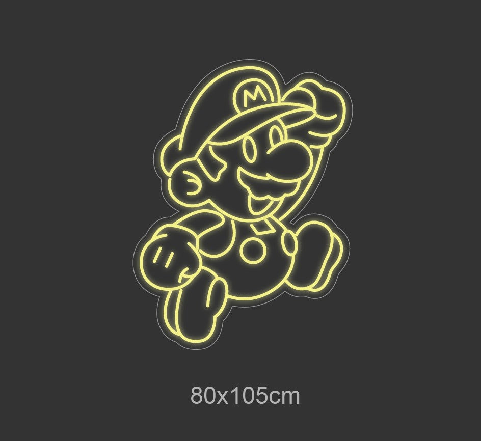 LED neonskilt med Mario-figur i gult kontonlys, 80x105 cm.