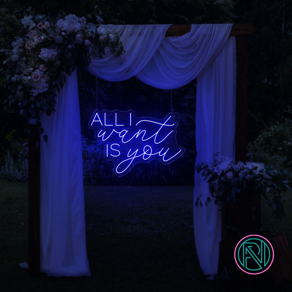 LED-neonskilt med «ALL I want IS you», blått neonlys.