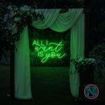 LED-neonskilt med «ALL I want IS you», grønt neonlys.