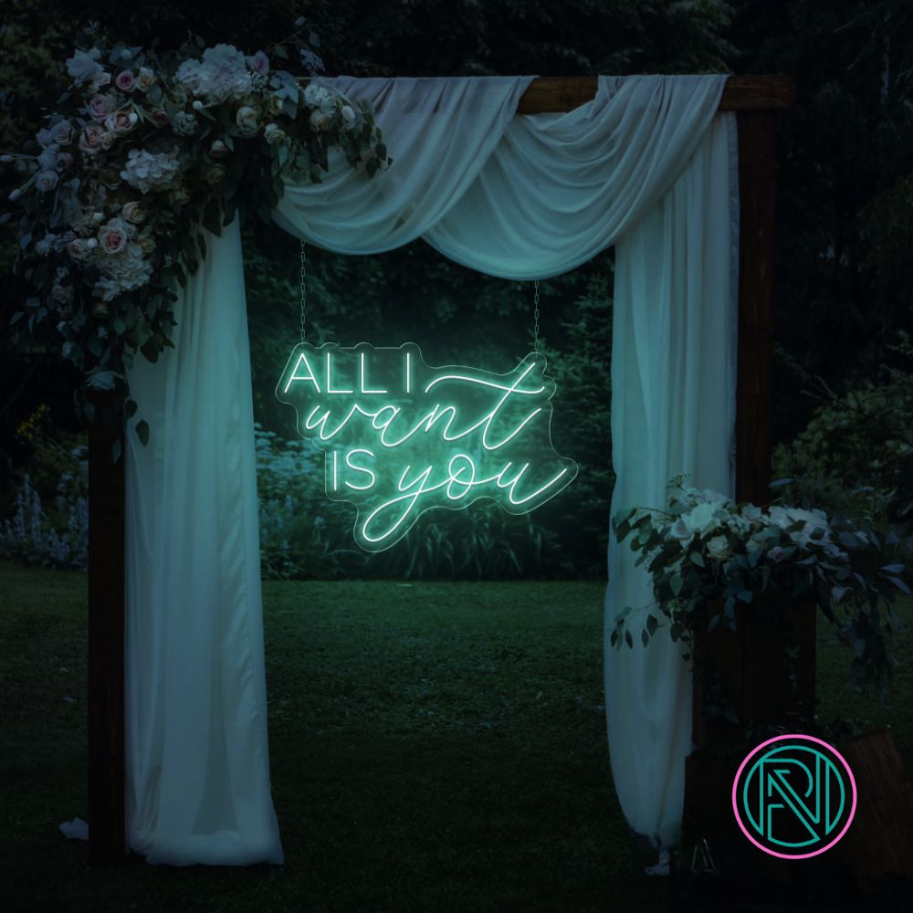 LED-neonskilt med tekst “ALL I want IS you” i isblått lys.