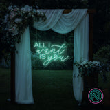 LED-neonskilt med tekst “ALL I want IS you” i isblått lys.