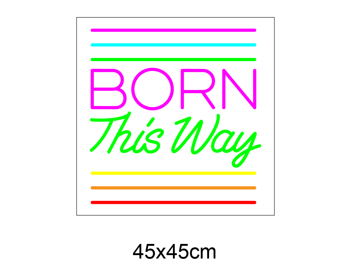 Skap en levende og personlig stil med vårt 'born this way' led-neonskilt. Perfekt for å sette et unikt preg i hjemmet, på kontoret eller i din forretning. Med sitt fargerike og livlige uttrykk er det mer enn bare et skilt – det er en erklæring.