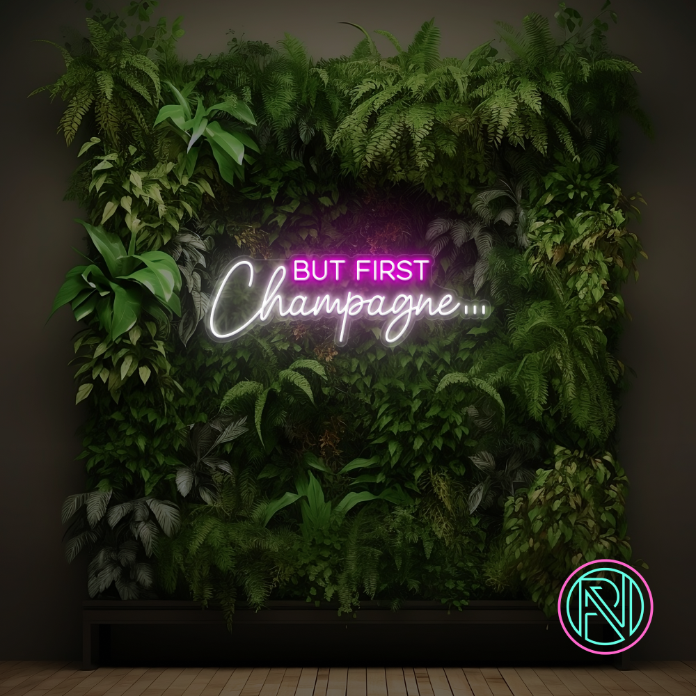 Skap en umiddelbar følelse av luksus og fest med vårt 'but first champagne' led-neonskilt. Dette skiltet er perfekt for å sette stemningen i enhver sammenkomst, og med sin blendende kombinasjon av hot pink og cool white vil det utvilsomt være midtpunktet i rommet.