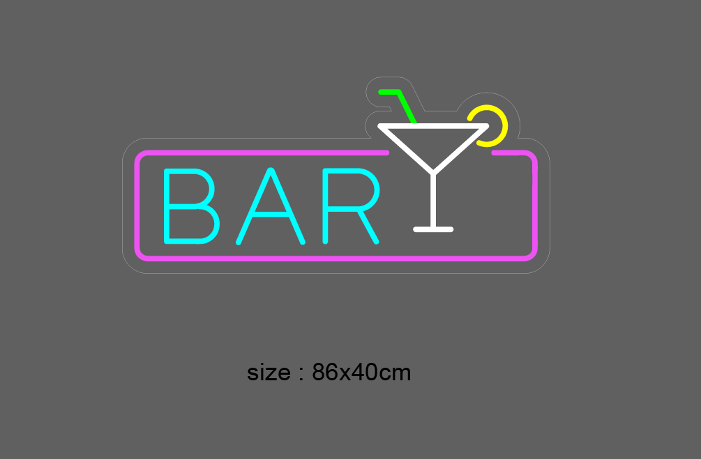 Skap en livlig stemning med vårt 'bar' led neonskilt, designet for å gi hver cocktailbar en eksklusiv aura. Levende farger og et moderne preg sørger for at ditt lokale skiller seg ut, og inviterer til en trendy og varm velkomst for dine gjester.