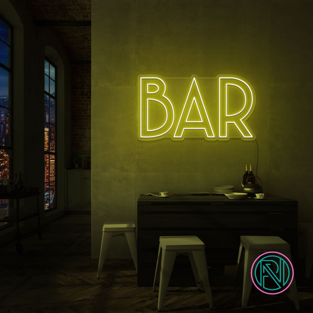 Skap en levende atmosfære med vårt 'bar' led neonskilt, designet for å tilføre stil og energi til din bar. Dette skiltet kombinerer estetikk med funksjonalitet og lyser opp rommet med valgfri farge som komplementerer ditt interiør.