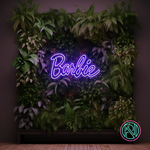 Moderne LED-neonskilt med Barbie-skrift i lilla lysglød