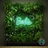Moderne LED-neonskilt med Barbie-skrift i lys cyan lysglød
