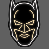 Batman LED neonskilt i maskeform med hvit ytterkant og gul lysende ansiktsdetaljer.
