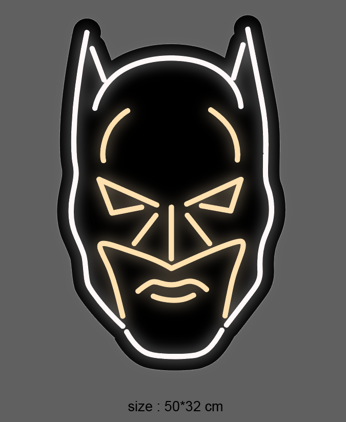 Batman LED neonskilt i maskeform med hvit ytterkant og gul lysende ansiktsdetaljer.