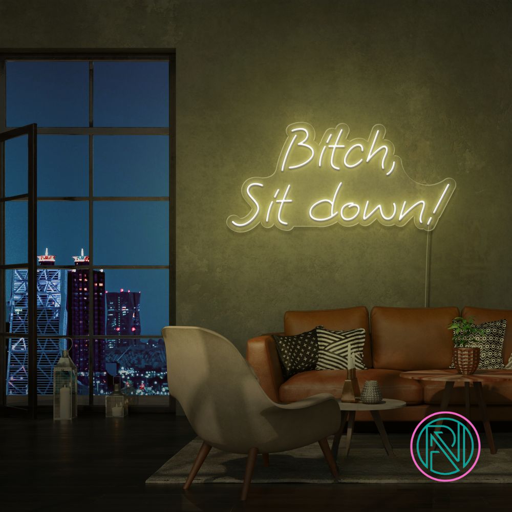 Gi interiøret en kant med 'bitch, sit down' led neon-skiltet. Dette dristige og uttrykksfulle skiltet er designet for å fange oppmerksomhet og skape en samtalestarter i ethvert forretningsmiljø. Velg favorittfargen din og gi bedriften din et unikt preg.