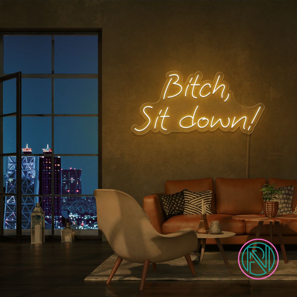 Gi interiøret en kant med 'bitch, sit down' led neon-skiltet. Dette dristige og uttrykksfulle skiltet er designet for å fange oppmerksomhet og skape en samtalestarter i ethvert forretningsmiljø. Velg favorittfargen din og gi bedriften din et unikt preg.