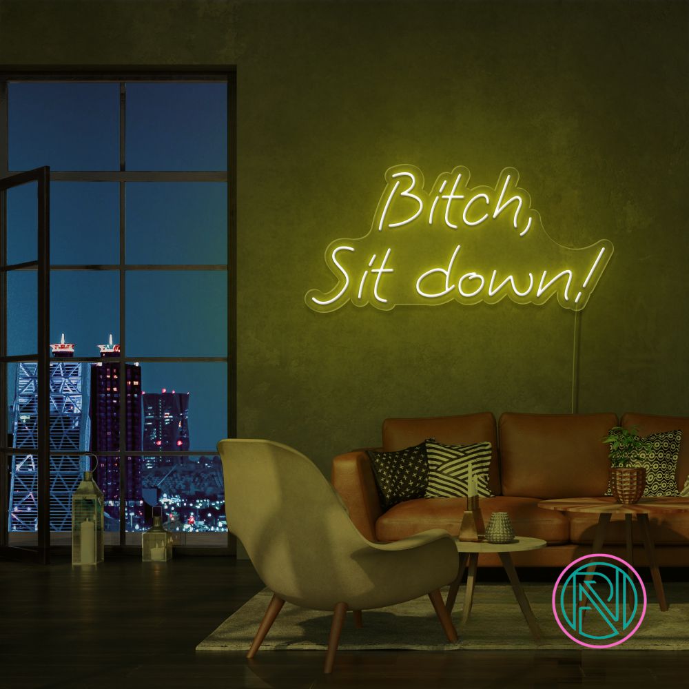 Gi interiøret en kant med 'bitch, sit down' led neon-skiltet. Dette dristige og uttrykksfulle skiltet er designet for å fange oppmerksomhet og skape en samtalestarter i ethvert forretningsmiljø. Velg favorittfargen din og gi bedriften din et unikt preg.