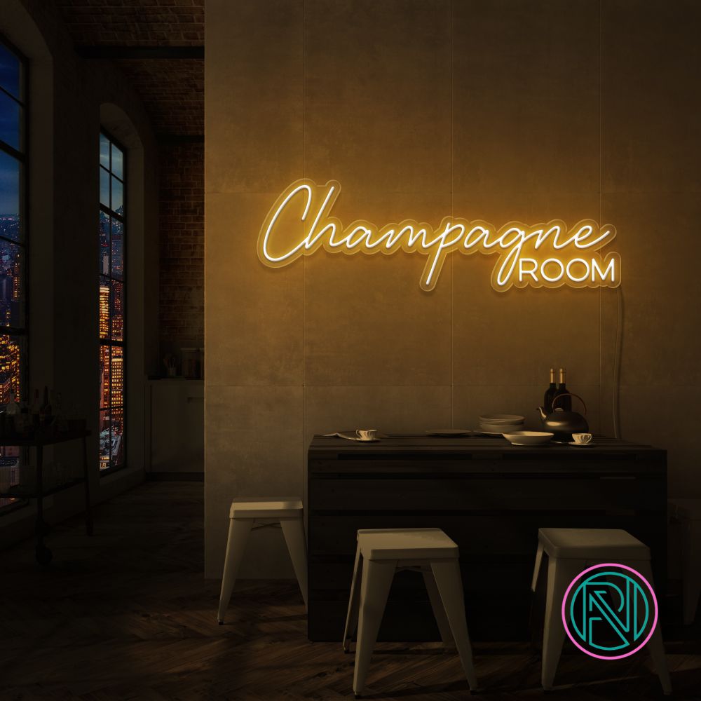 Skap en luksuriøs atmosfære med vårt 'champagne room' led neonskilt. Velg mellom et spekter av farger for å tilpasse det etter ditt personlige preg. Dette led-skiltet er ideelt for å gi et snev av eleganse til rommet, perfekt for private rom eller moderne forretningslokaler.