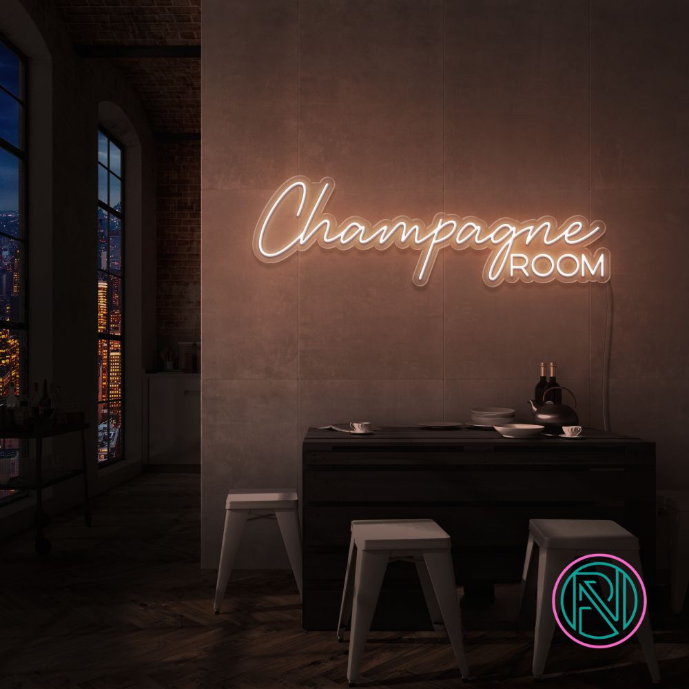 Skap en luksuriøs atmosfære med vårt 'champagne room' led neonskilt. Velg mellom et spekter av farger for å tilpasse det etter ditt personlige preg. Dette led-skiltet er ideelt for å gi et snev av eleganse til rommet, perfekt for private rom eller moderne forretningslokaler.