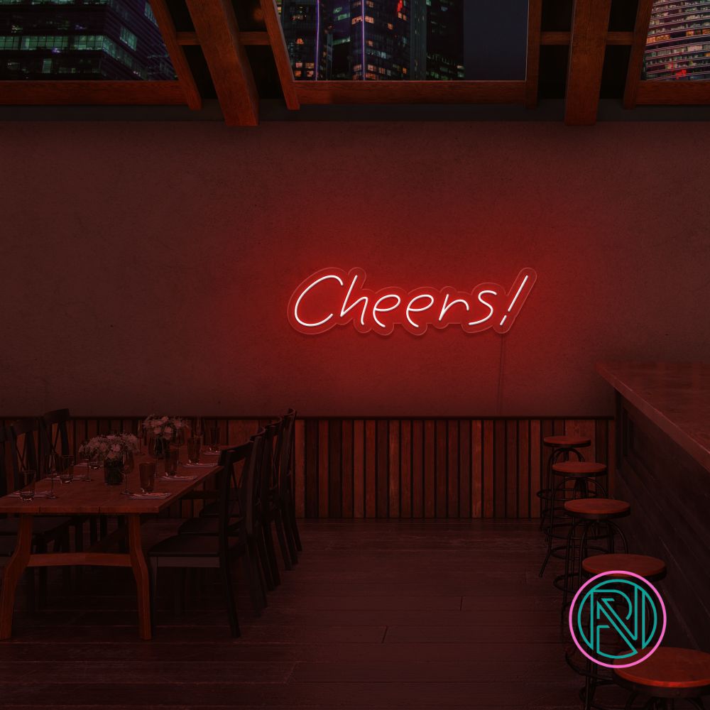 Skap en livlig og innbydende stemning med vårt 'cheers!' led neonskilt. Dette skiltet er perfekt for både bedrifter og hjemmekos, og tilbyr et spekter av fargevalg for å matche ethvert interiør. Med et enkelt og uttrykksfullt design, lyser det opp rommet og ønsker gjester velkommen med en varm atmosfære.