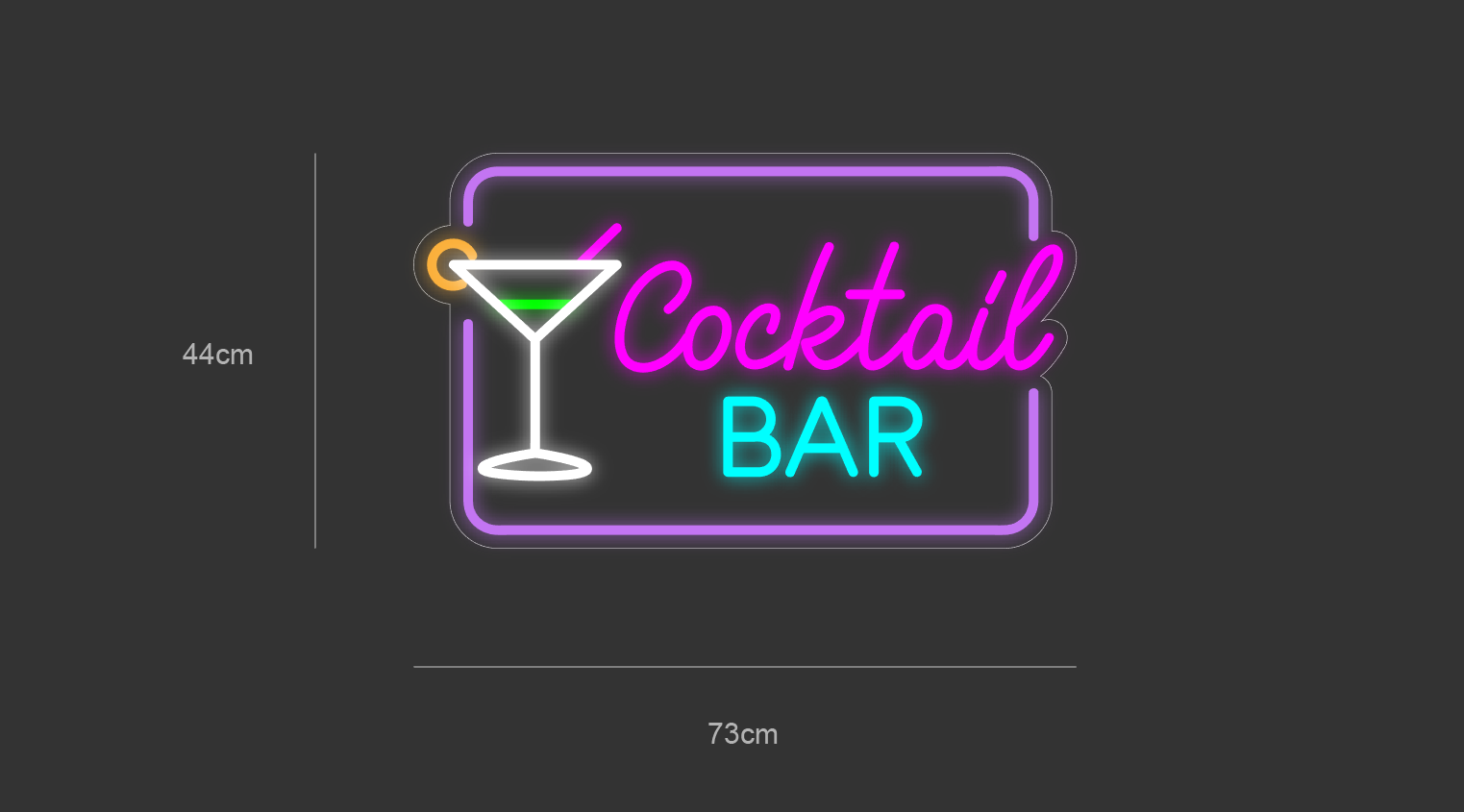 LED-neonskilt med martiniglass og «Cocktail BAR»; 73×44 cm.