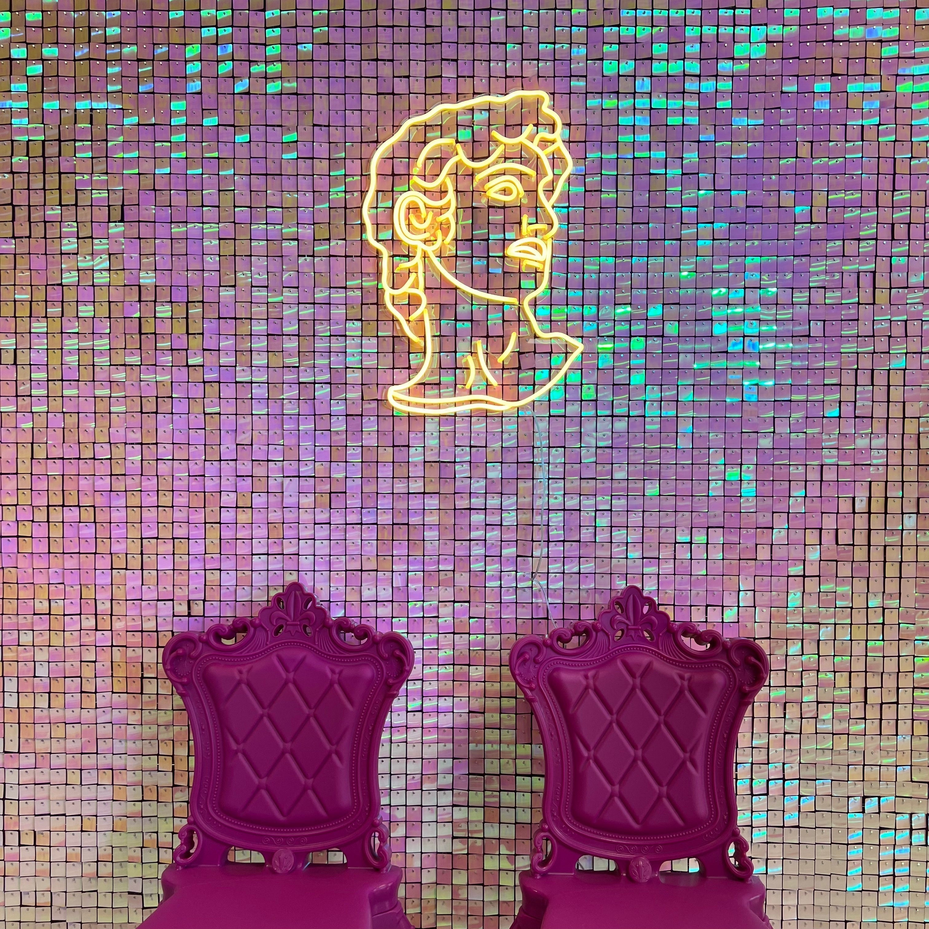 Skap en varm og innbydende atmosfære med vårt elegante 'david' led neonskilt i varmhvit. Dette stilfulle skiltet med david-bysten gir en klassisk touch til enhver innendørs setting.