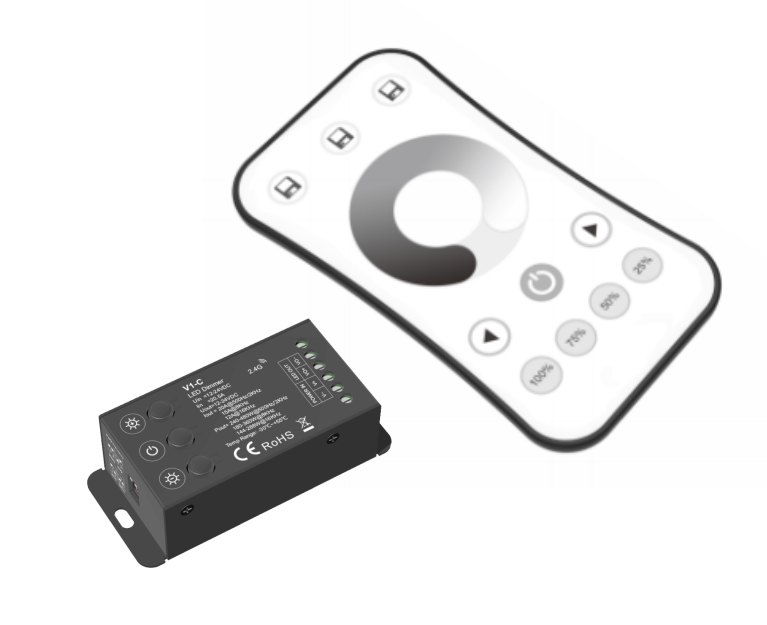 Fjernkontroll og dimmer for LED, svart enhet og fjernkontroll med knapper