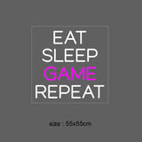 LED-neonskilt med tekst: EAT SLEEP GAME REPEAT, rosa og hvite bokstaver, 55x55 cm