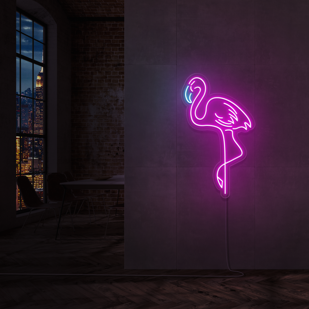 Skap et tropisk paradis med vårt 'flamingo tropisk' led neonskilt. Den varme rosa og isblå fargen gir et friskt pust til ditt rom, ideelt for å fremheve en unik og moderne stemning i din forretning eller hjem.