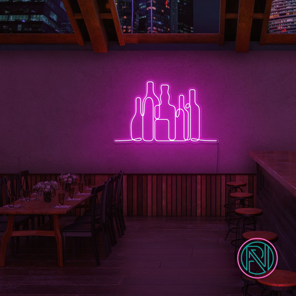 Skap en dynamisk og engasjerende atmosfære med vårt 'flasker' led neonskilt. Dette skiltet er perfekt for forretninger og industri, og leverer et iøynefallende design som fanger kundenes oppmerksomhet. Med mulighet til å velge i et spekter av farger, kan du tilpasse skiltet for å matche din bedrifts estetikk og stil.