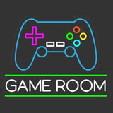 LED neonskilt med blå kontur, spillkontroller og «GAME ROOM» i grønn skrift