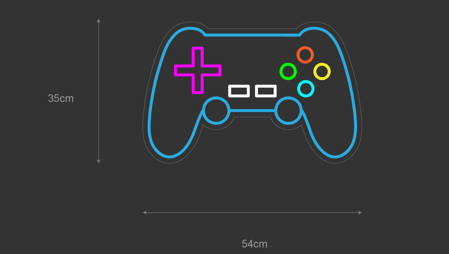 Gaming-LED neonskilt 54x35 cm: blå kontur, spillkontroller med fargerike knapper