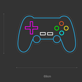 Gaming-LED neonskilt 69x44 cm: blå kontur, spillkontroller med fargerike knapper