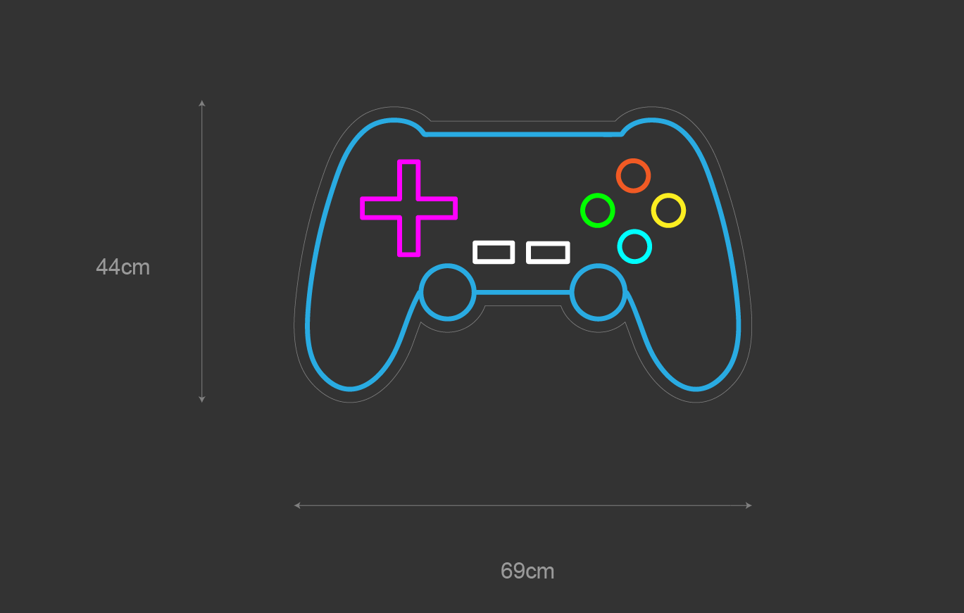 Gaming-LED neonskilt 69x44 cm: blå kontur, spillkontroller med fargerike knapper