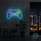 Gaming-LED neonskilt med spillkontroller, blå kontur og fargerike ikoner