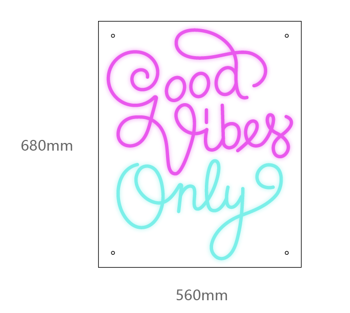LED neonskilt «Good Vibes Only» i rosa og blått, mål 680x560 mm.