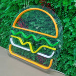LED-neonskilt hamburger med oransje ramme, grønn og gul fylling, hvit bunn