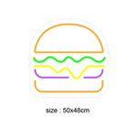 LED-neonskilt hamburger i oransje, grønt og lilla; størrelse 50x48 cm